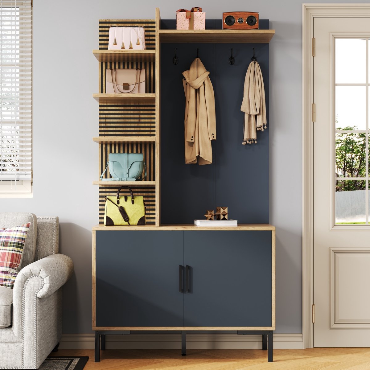 REDOM - Kledingrek - Verstelbare planken en haken - Met zijplanken - Industriële stijl - Hal - Spaanplaat - Hout en Zwart - 100 x 40 x 190,5 cm