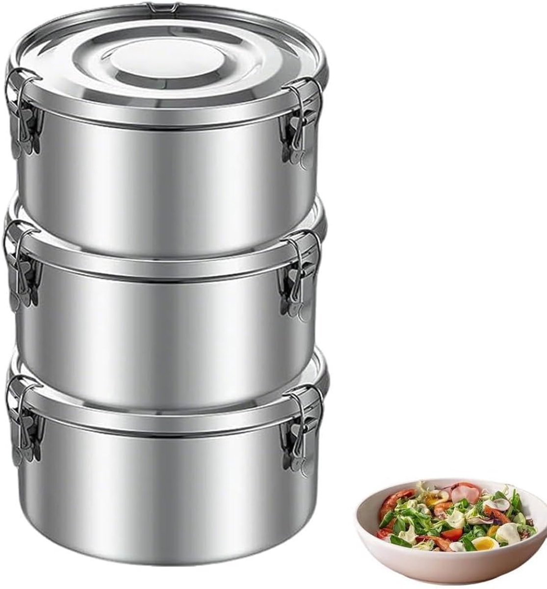 longziming - RVS Lunchbox - Ronde Broodtrommel - Lekvrij met Siliconen Afdichting - 304 Roestvrij Staal - BPA-vrij en Vaatwasserbestendig - 3 Stuks- zilver - voor kamperen, reizen - 12 cm+14 cm+16 cm