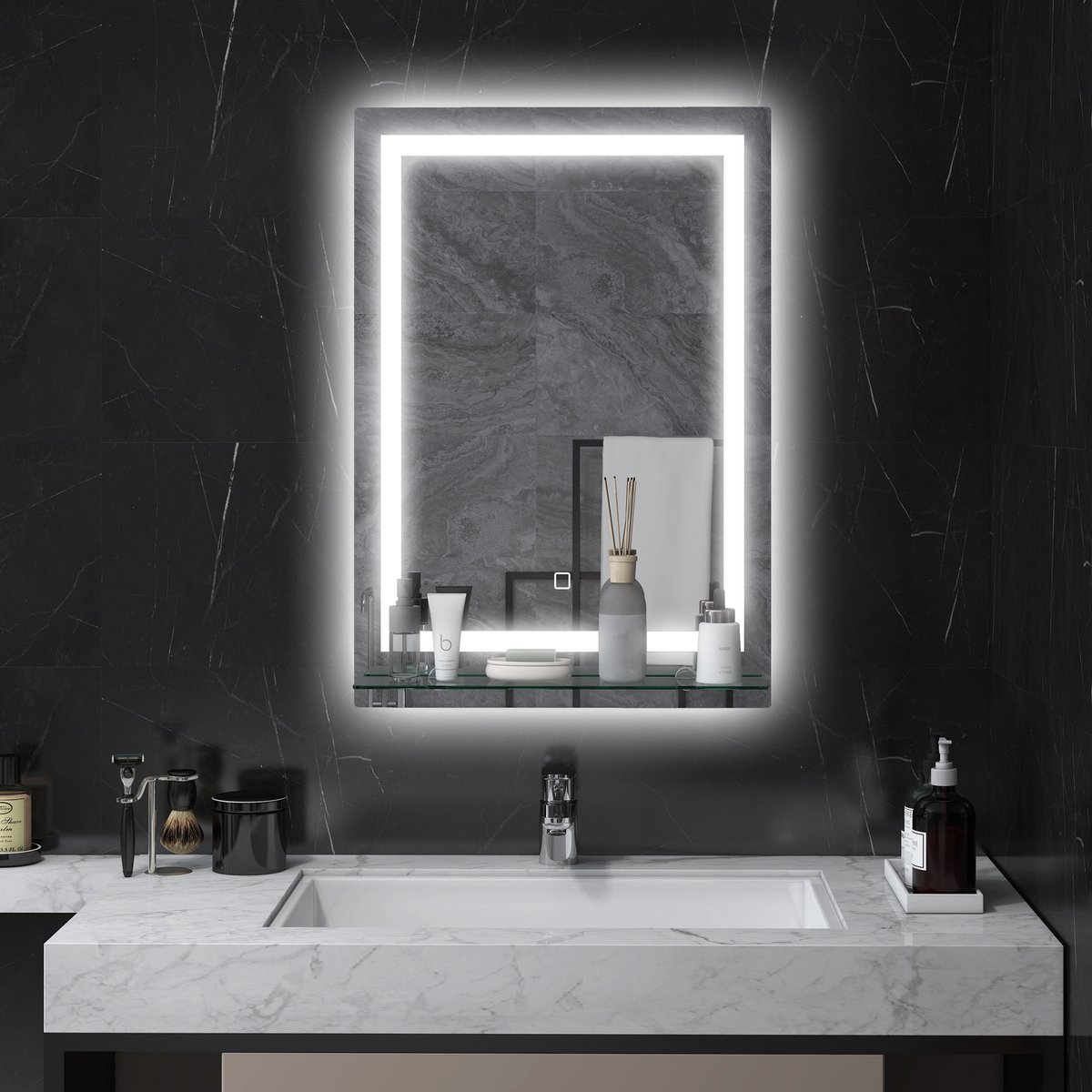 REDOM - Badkamerspiegel - Met Ledverlichting En Glazen Plank - Wandmontage - Aluminium - Zilver - 50 X 70 Cm