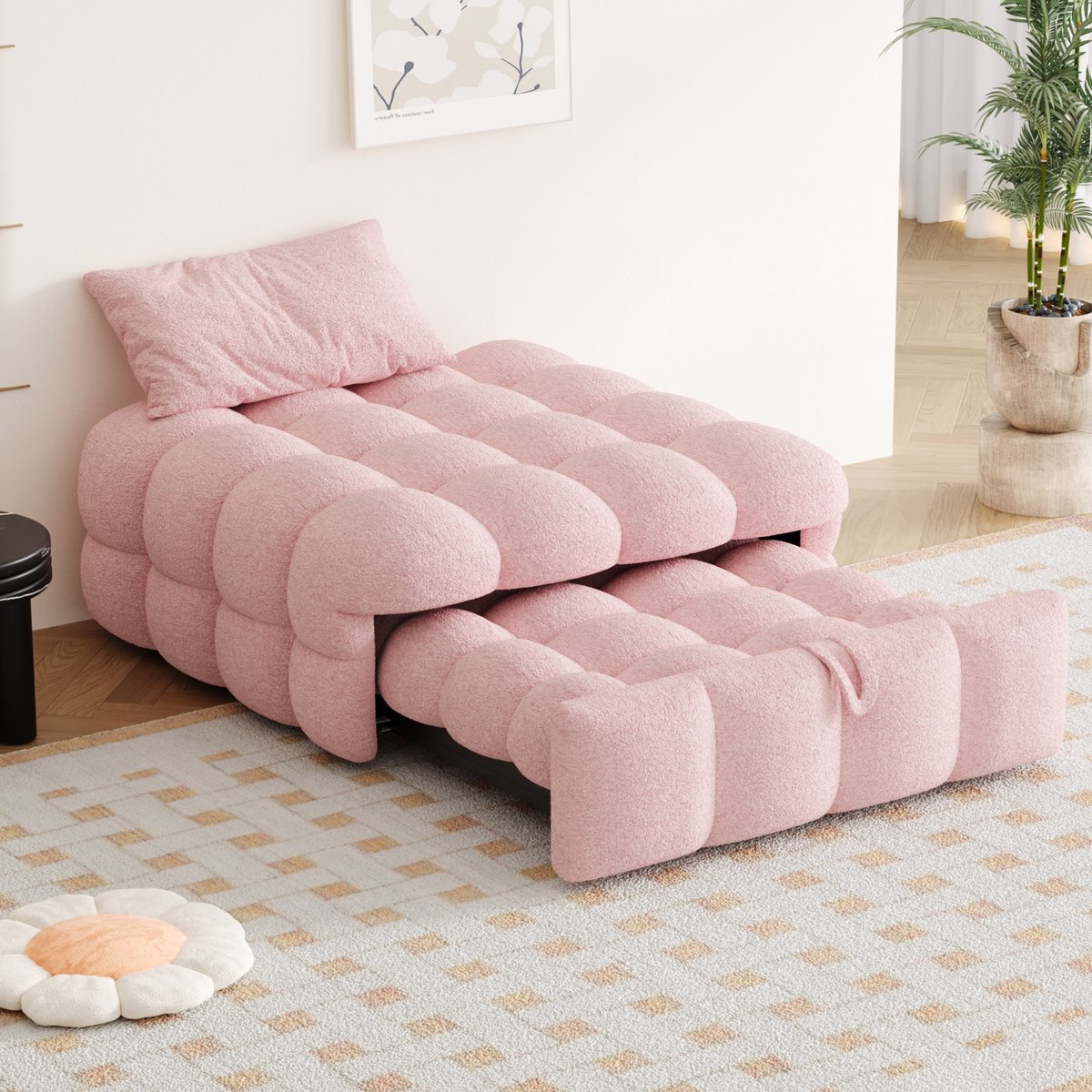 MODENUIT Slaapsofa 183x76 cm – Uitschuifbaar eenpersoonsbed – 2-in-1 poefbed – Zonder matras – Teddy stof – Roze