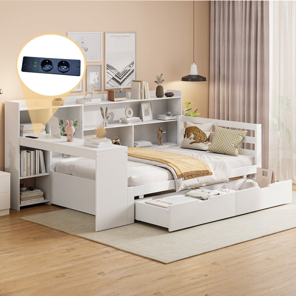 MODENUIT Slaapbank 90x200 cm – Met Bureau en Boekenkast – Stopcontact en 2 Lades – Zonder matras – Hout – Wit