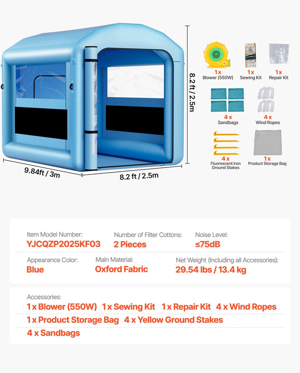 VEVOR Opblaasbare Spuitcabine 3 X 2,5 X 2,5 M, Spuitcabine Tent met 550 W Blower & Luchtfiltersysteem, Rond Dak, 210D Oxford Stof, Spuitverven voor Metalen Auto-Onderdelen — cadeau in Cadeau-ideeën - foto 3