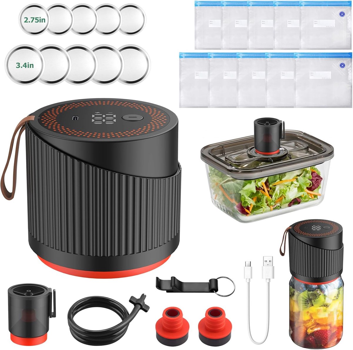 Vacuümsealer Set - Pot Afsluiter - Voedsel Opslag - 3-in-1 Functionaliteit - Automatisch - Zwart