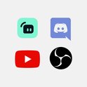 Quatre icônes : Twitch, Discord, YouTube et OBS.