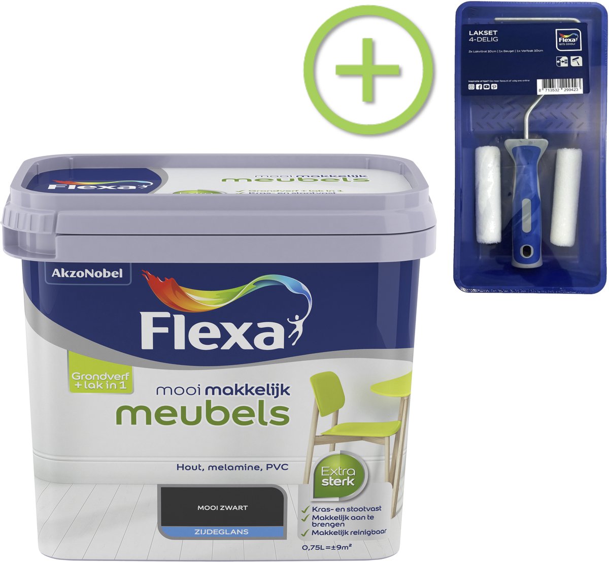 Voordeelpakket Flexa Mooi Makkelijk - Meubels - Mooi Zwart - 750 ML + Lakroller - 4 Delig