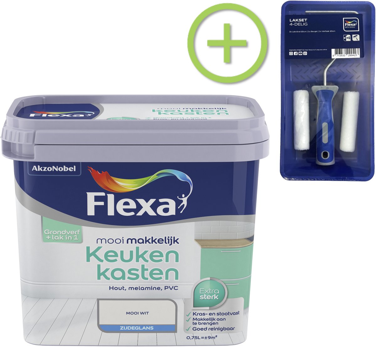 Voordeelpakket Flexa Mooi Makkelijk - Keukenkasten - Mooi Wit - 750 ML + Lakroller - 4 Delig