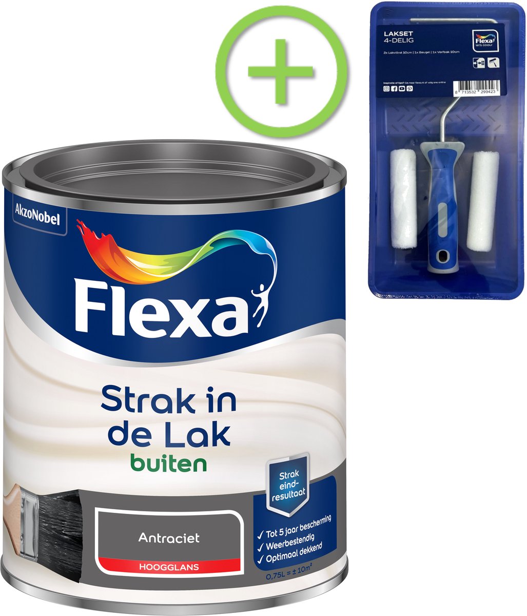Flexa - Strak In De Lak Buitenlak Hoogglans - Antracietgrijs - 750 Ml + Gratis Flexa Lakset 4-Delig
