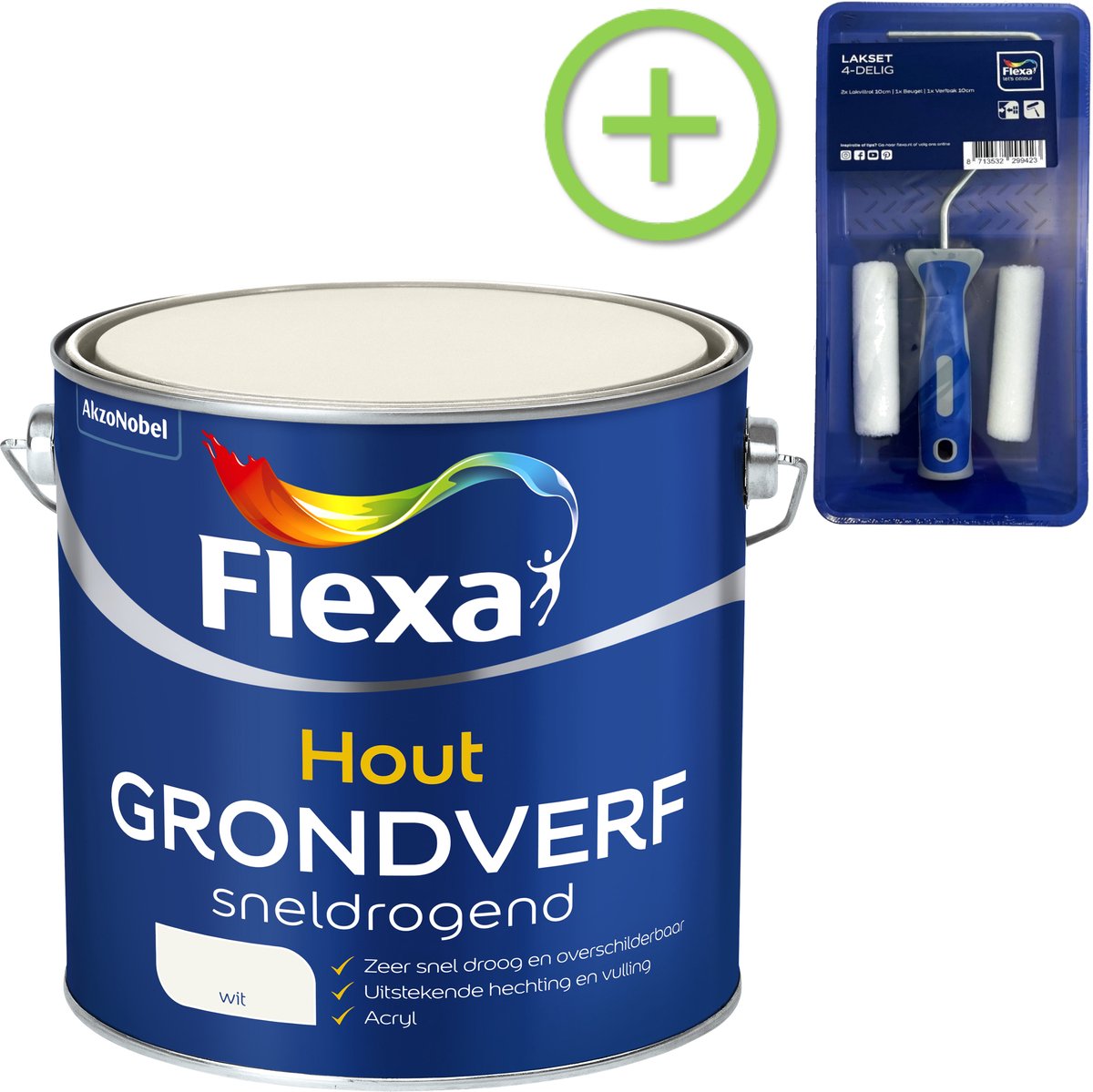 Flexa - Grondverf Sneldrogend - Wit - 2,5 L + Gratis Flexa Lakset 4-Delig