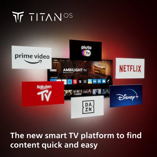 Philips Titan OS smart TV platform met app-iconen zoals Netflix, Disney+, Rakuten TV.