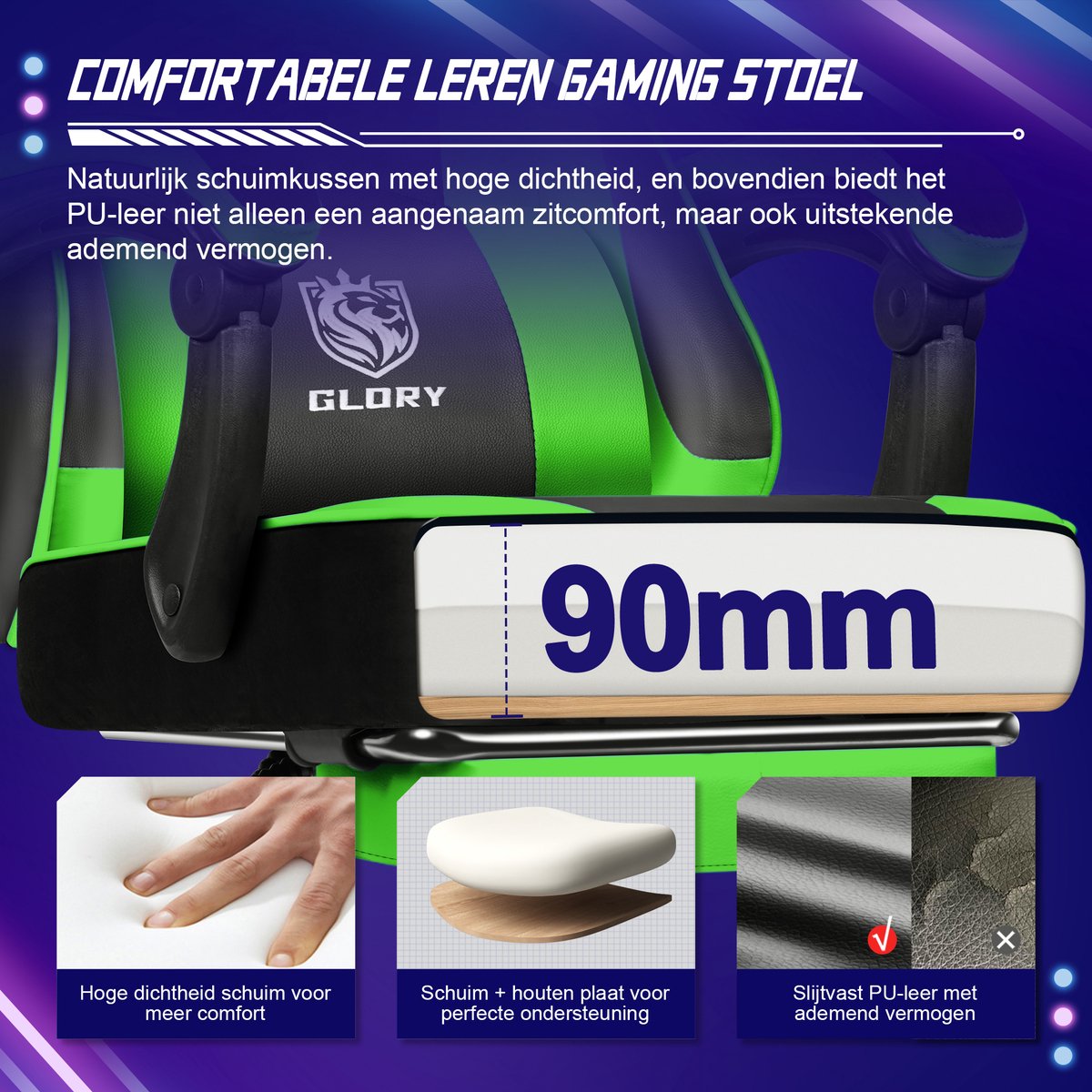 Hiaonyx Gaming Stoel 170° Verstelbaar Groen met Voetsteun - afbeelding 2