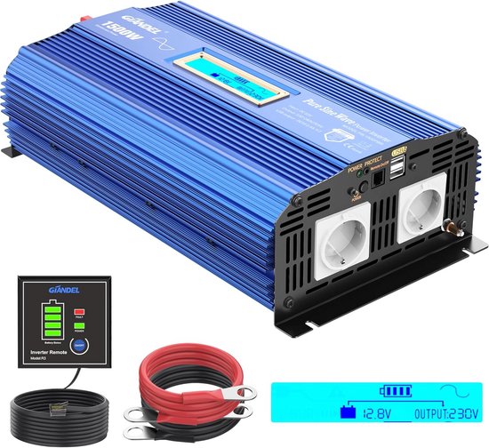 1500W Zuivere Sinus Stroomomvormer 12V naar 230V met 2x AC, USB en Afstandsbediening
