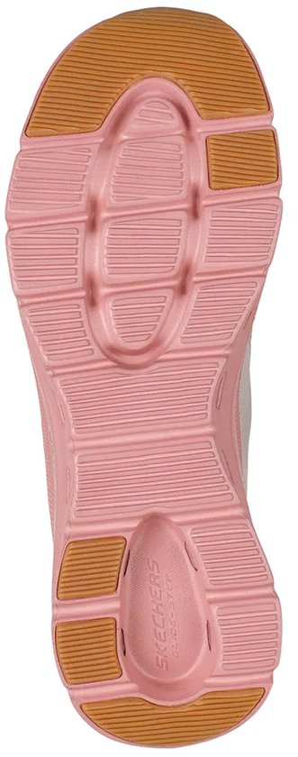 Roze buitenzool van een witte Skechers Glide-Step Pro instapper met bruine gripvlakken.