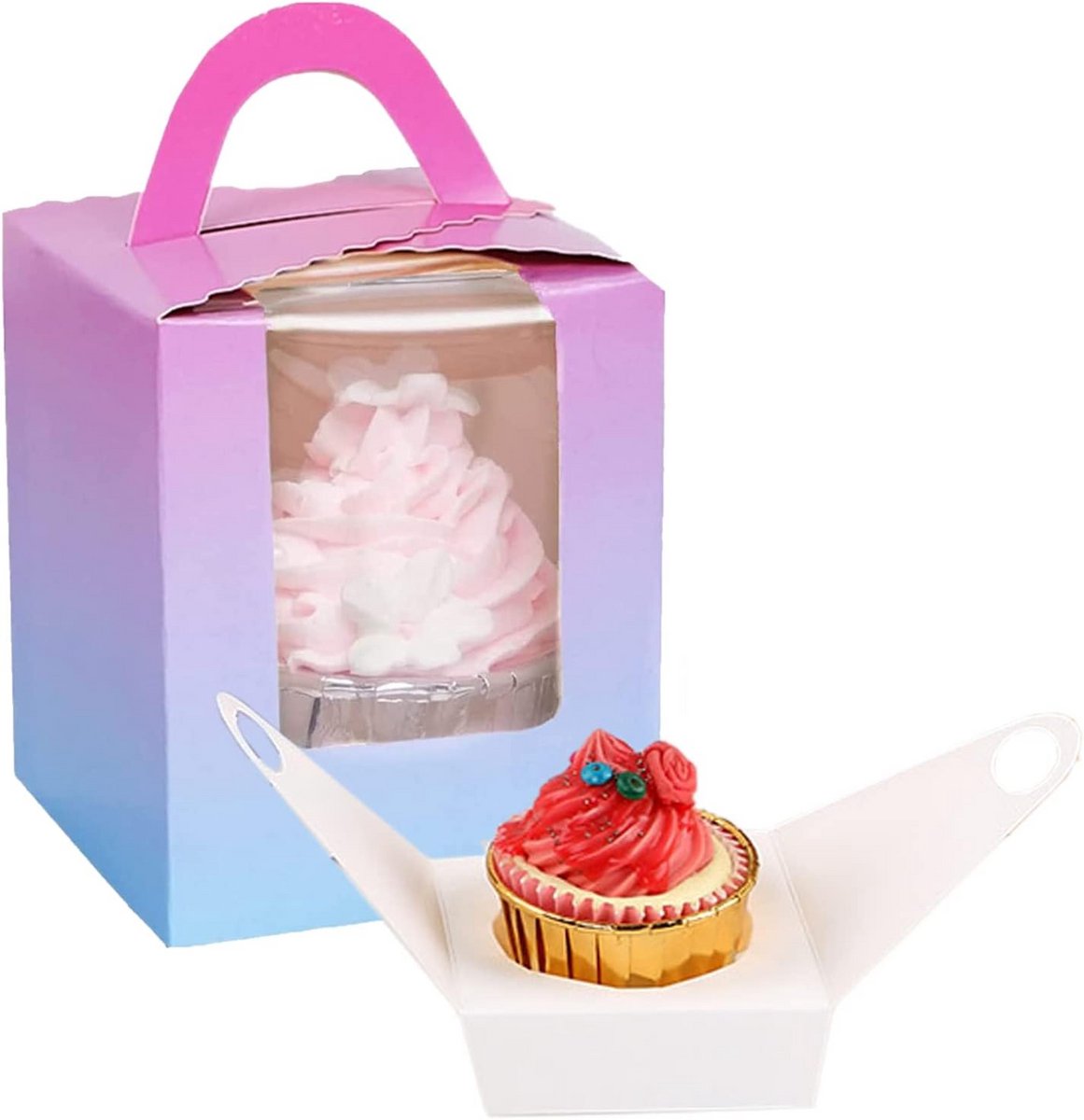 30x Losse Cupcake Doosjes met Venster en Handvat - Taartdozen voor Gebak en Muffins