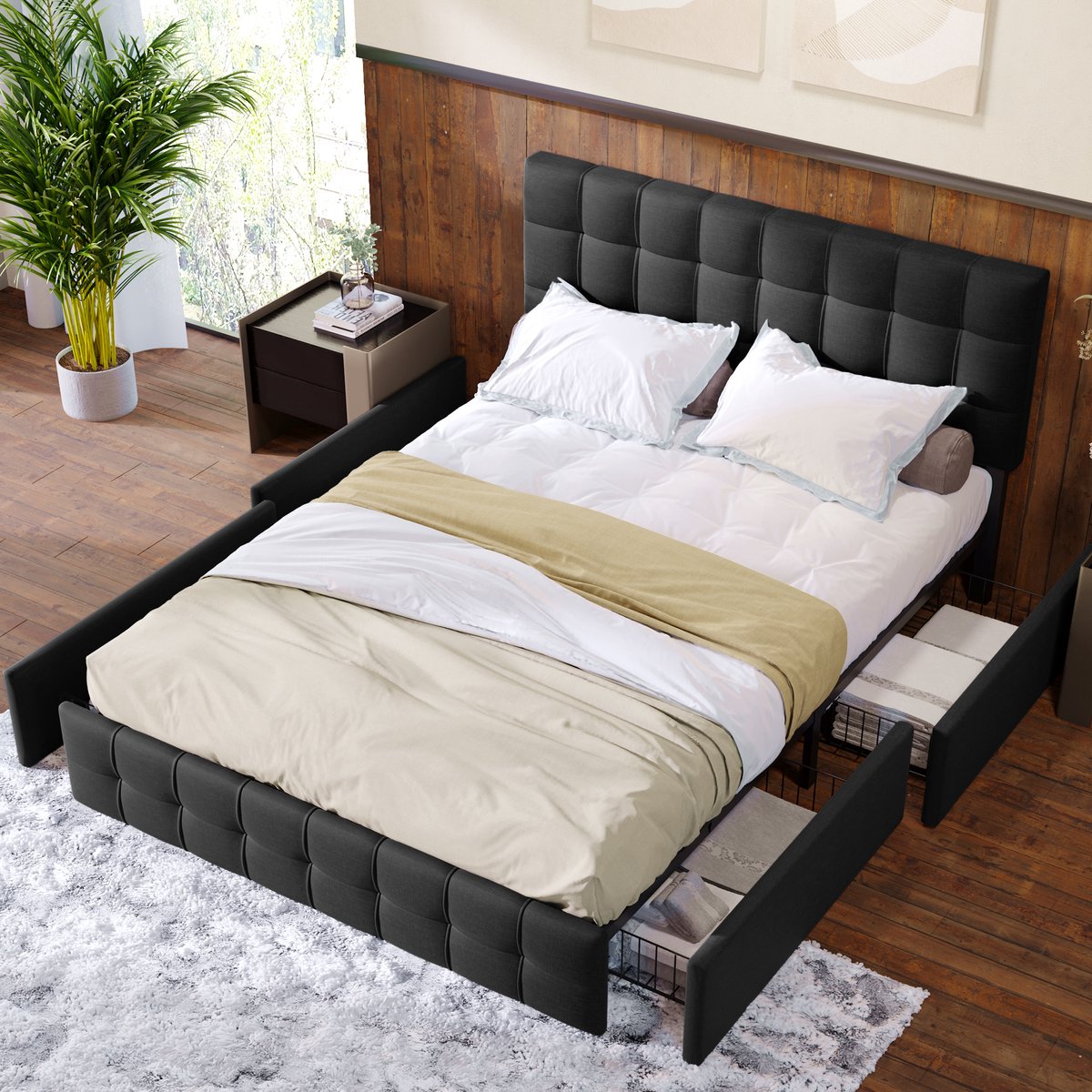 Wishdor Gestoffeerd Bed 140x200 cm – Wafelstiksel Hoofdbord – 4 Lades – Stalen Lattenbodem – Linnen – Zwart