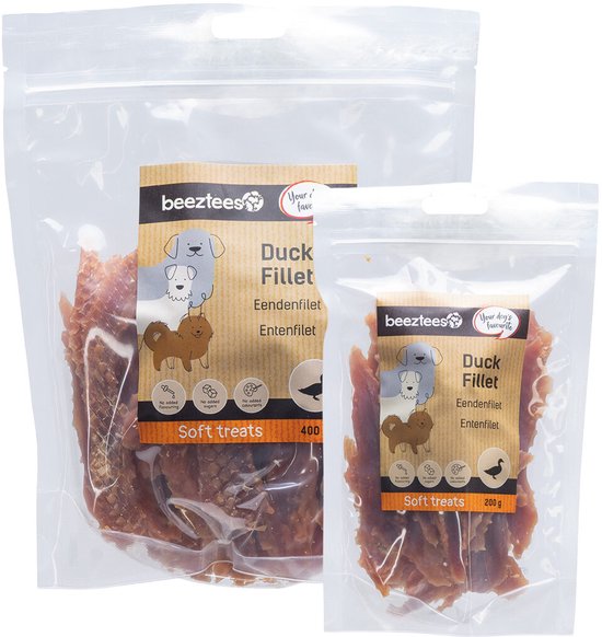 Twee verpakkingen Beeztees Eendenfilet, zachte snacks, 200 gram en 400 gram.