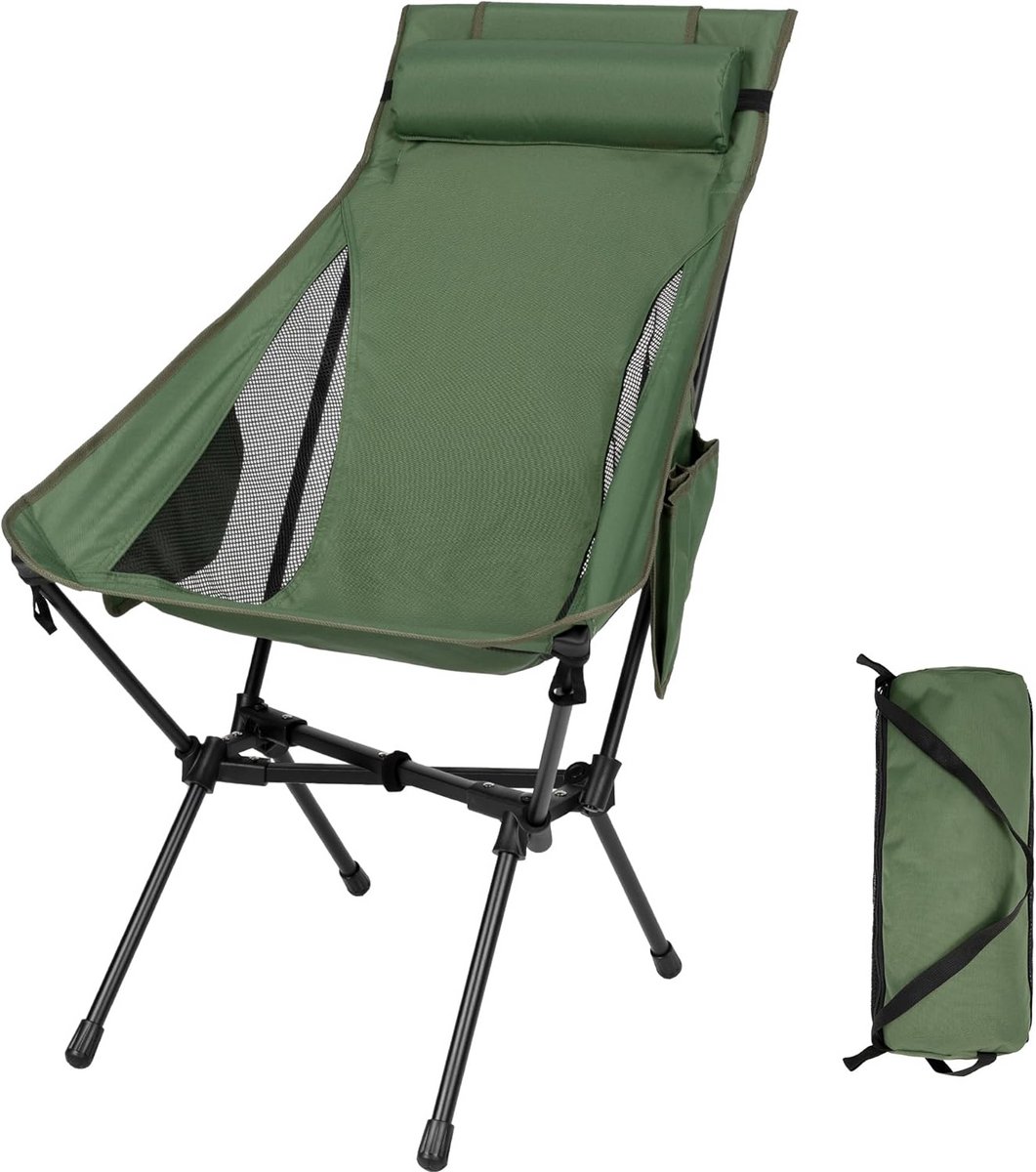 Robuuste Opvouwbare Campingstoel Hoge Rugleuning - Compact & Draagbaar voor Kamperen en Backpacken (Groen)