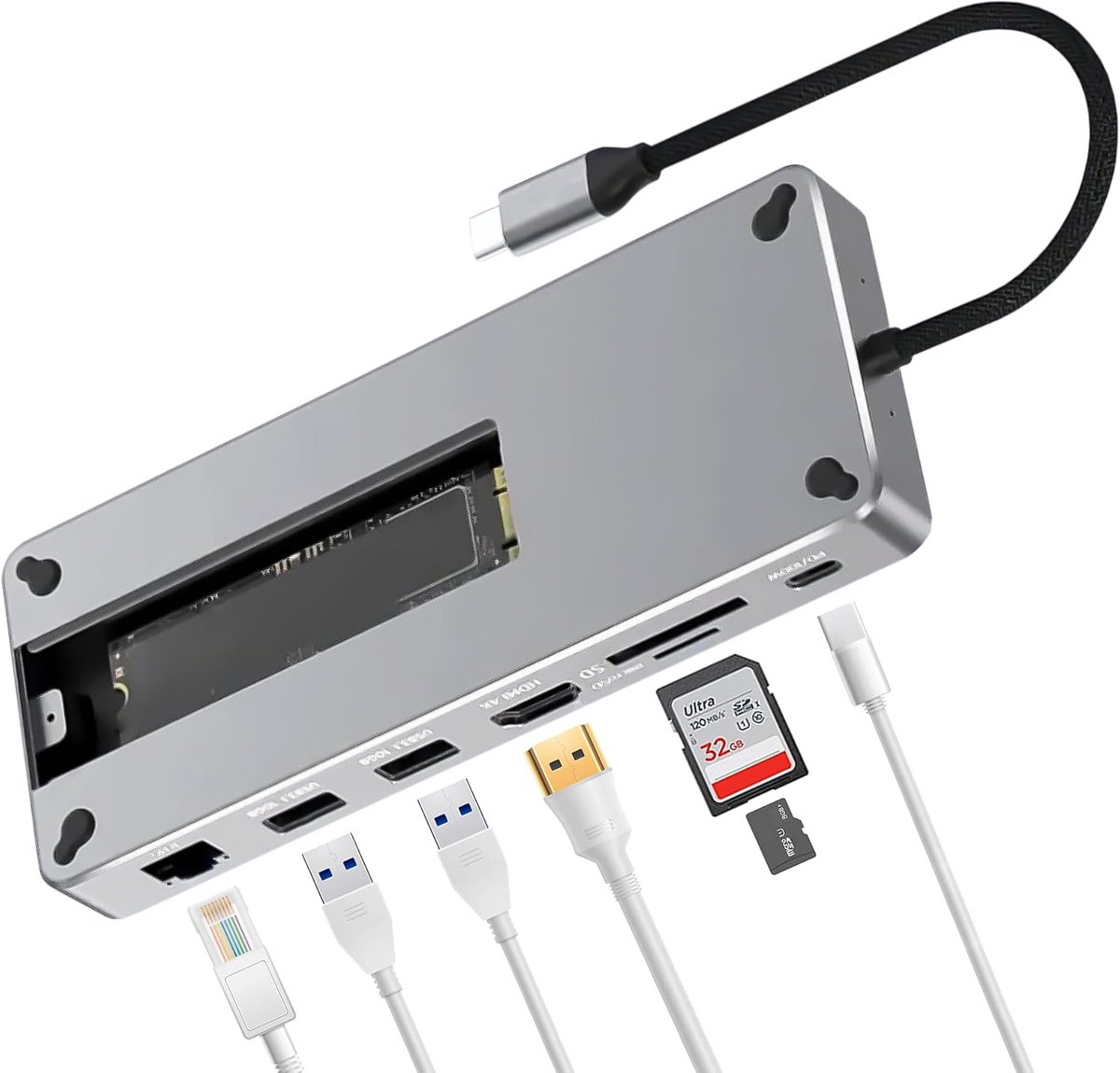 10-in-1 USB-C Hub met M.2 SSD Behuizing, 4K@60Hz HDMI, 100W PD en Gigabit Ethernet