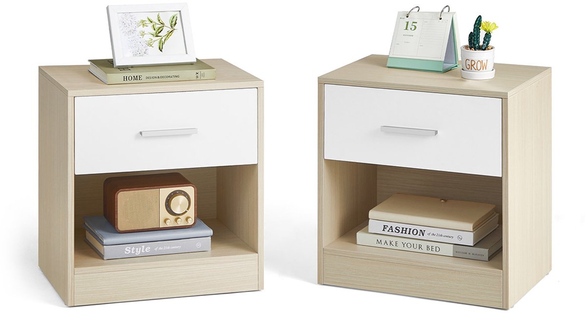 Nachtkastjes – Hout – Zwart – Set van 2 met lade en plank