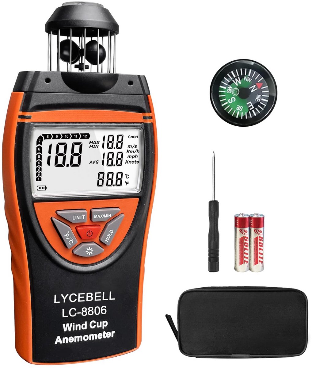 Professionele Draagbare Anemometer met 360° Windsensor | Meet Windsnelheid & Temperatuur | LCD & Kompas