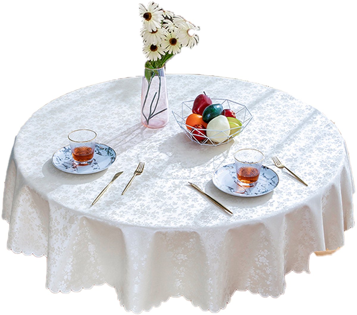 Gigicial Rond Tafelkleed - Rond Tafelkleed Van 60 Inch - Bloemenreliëf Geschulpte Rand Waterdicht - 1 Stuk - Chique Diners Gebroken Wit