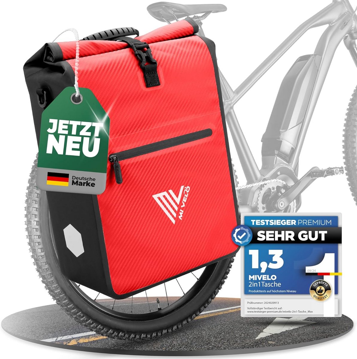 Waterdichte Fietstas voor Bagagedrager - 2-in-1 Fietstas & Rugzak (Rood-Carbon, 25L)