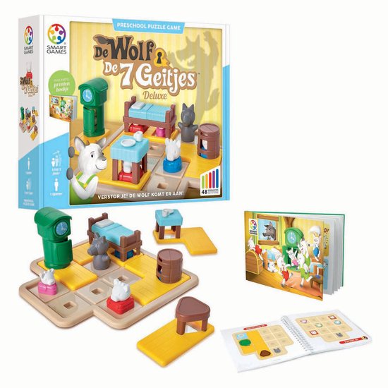 Boîte du jeu 'Le Loup et les 7 Chevreaux Deluxe' avec plateau de jeu, livre d'images et livret dépliant.