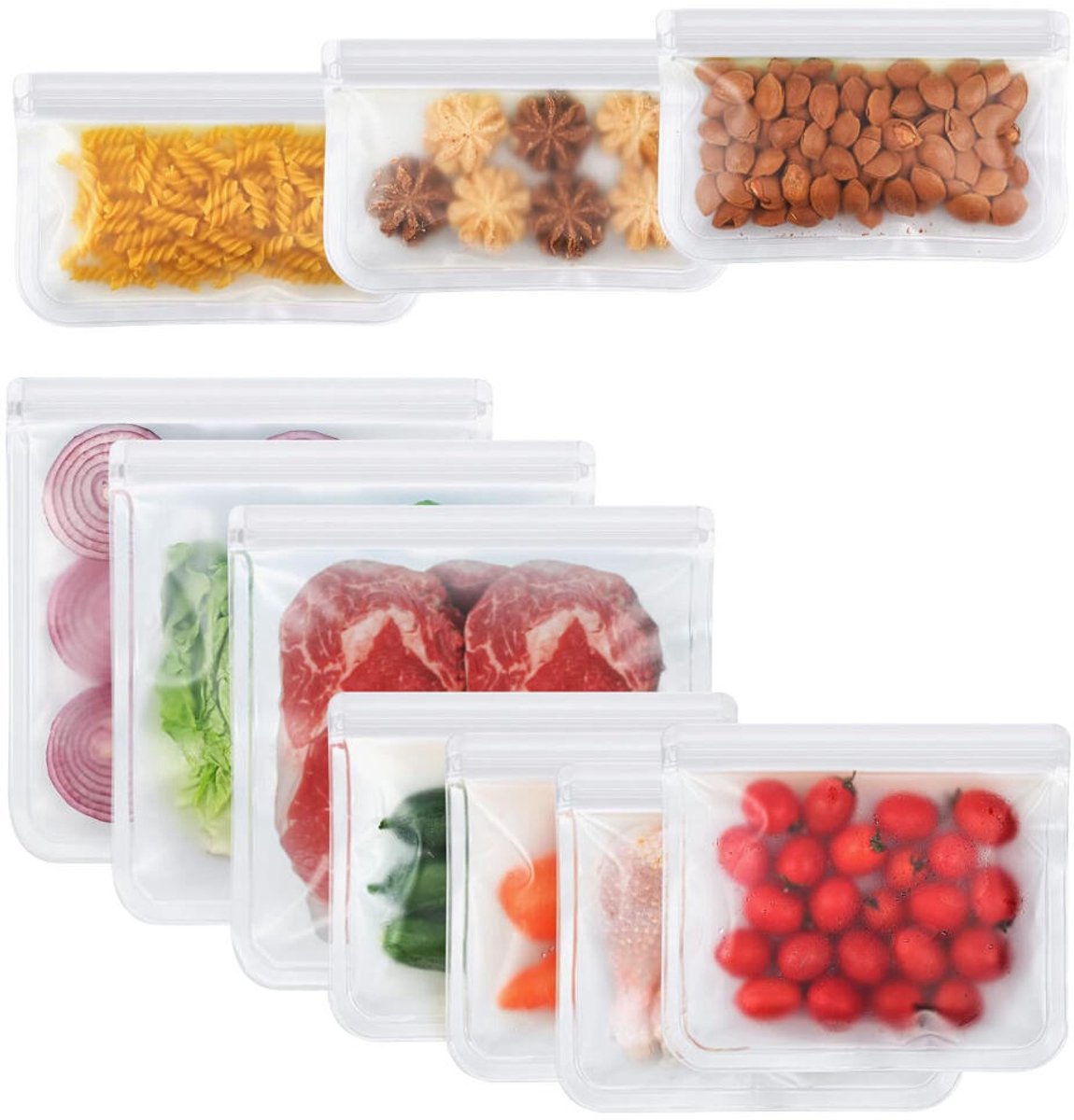 Vershoudzakken - 10 stuks - Boterhamzakjes Herbruikbaar - Diepvrieszakjes - PEVA - Diepvrieszakken - Lekvrij - Bewaarzakjes - Duurzaam - Mealprep - Gripzakjes - Drie maten