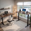 Twee bruine zit sta bureaus in een kantoor met een lichte muur, raam en planten. Eén bureau met monitor en laptop.