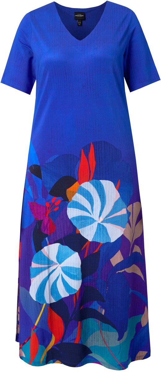 Ulla Popken Dames - Midi-jurk bloemen V-hals korte mouwen slinky-piqué - Kobaltblauw - Maat 50+