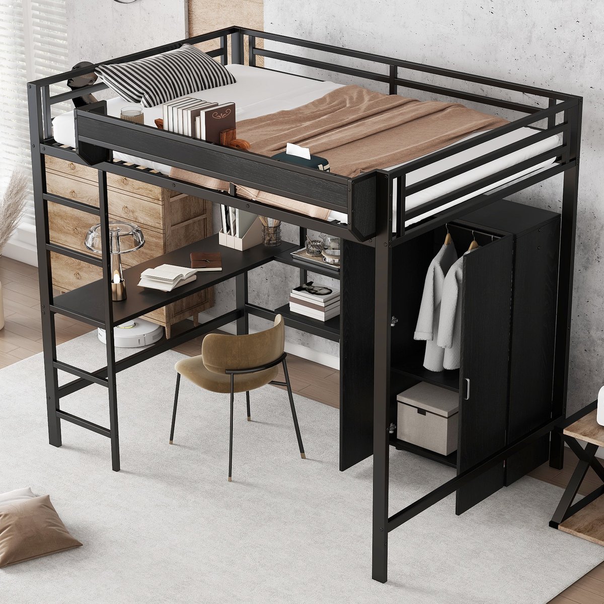 Merax Hoogslaper 140x200 cm - met bureau en kast - met opbergruimte - zwart - zonder matras