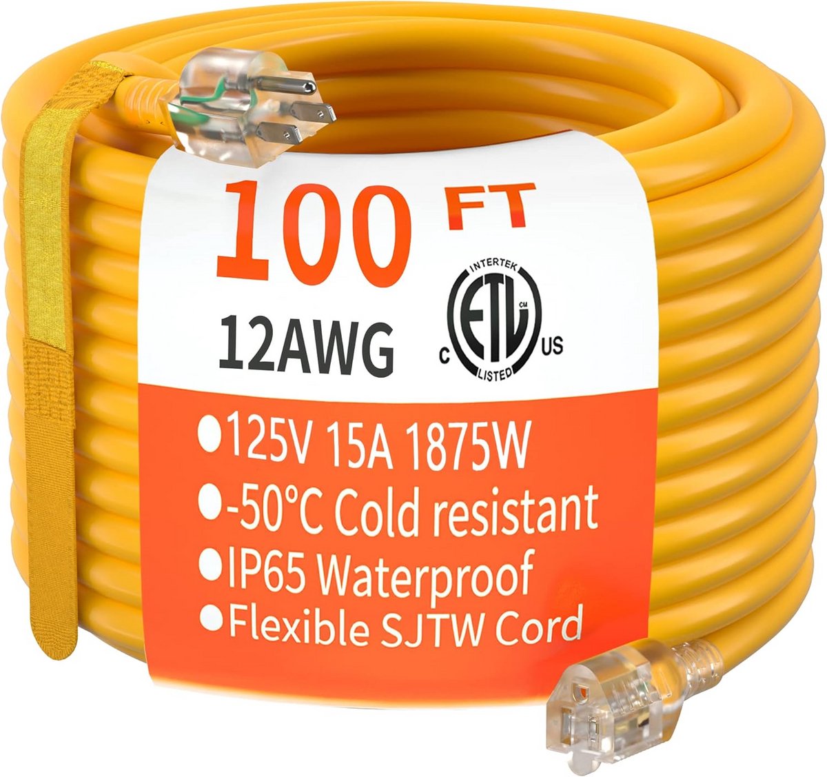 100ft Zware Buitenkabel - 12/3 Snoer met Verlichting - Waterdicht en Flexibel voor Buiten