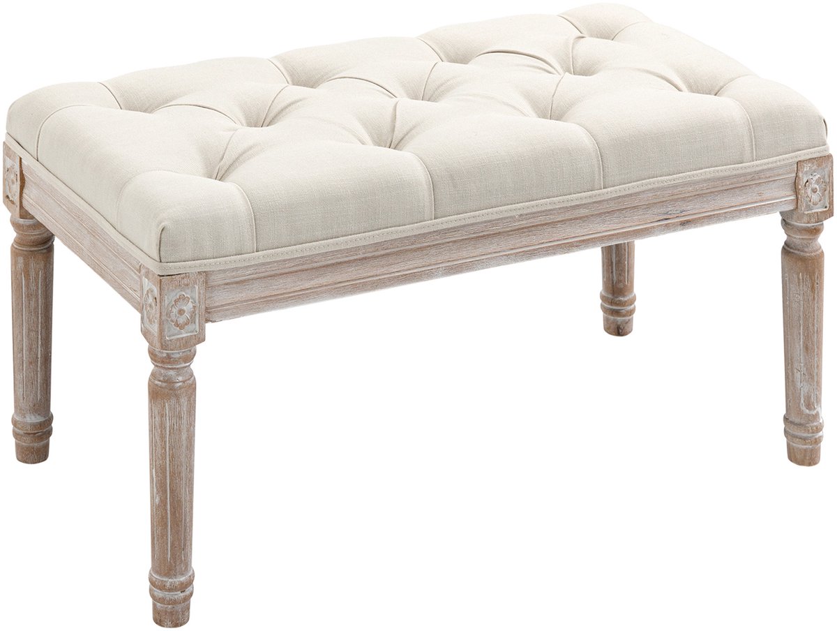 Gepolsterde Zithocker – Voetenbankje Met Houten Frame, Stoffen Bekleding In linnenlook, 80 x 40 x 43 cm, Cremewit
