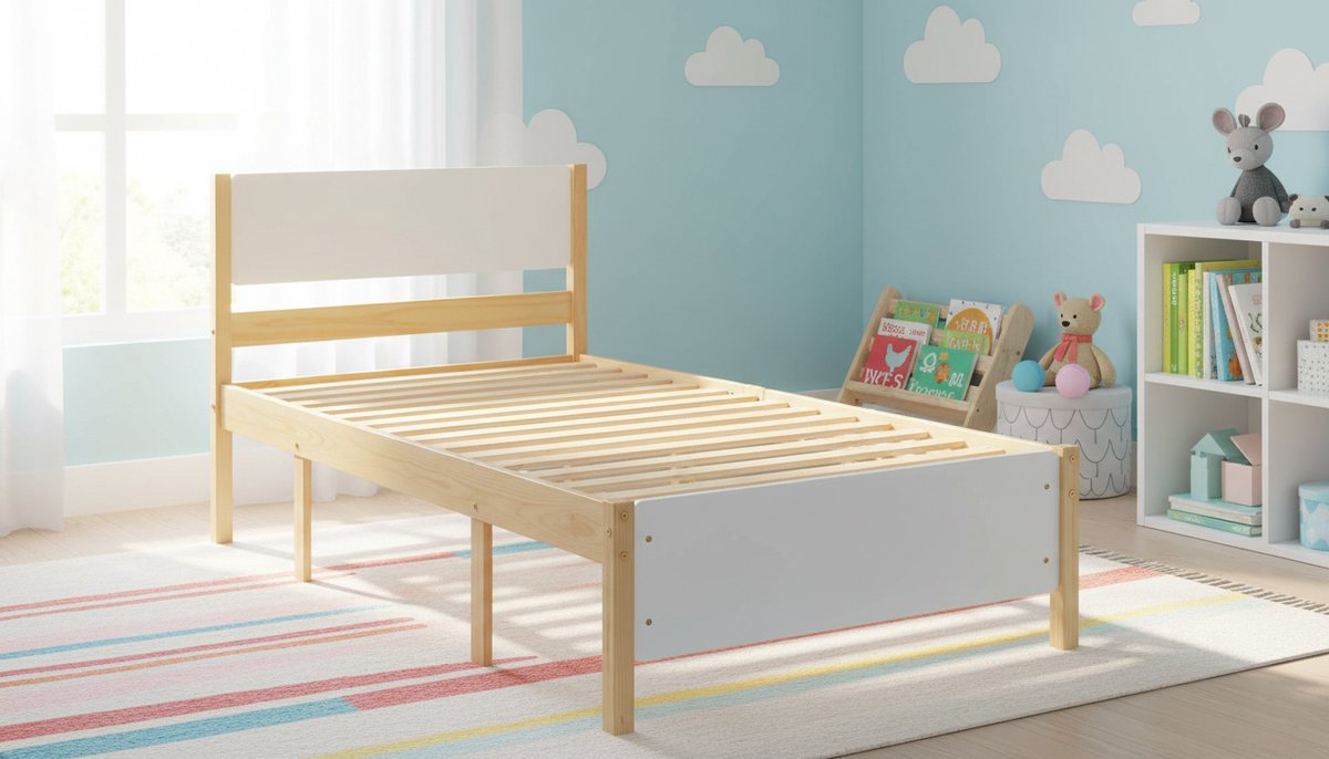 Houten Eenpersoonsbed 90x200 cm – Casa Velluto Natural Elegance Bed – Massief Houten Bed met Lattenbodem en Hoofdeinde – Kinderbed, Jeugdbed & Logeerbed – Wit + Natuur