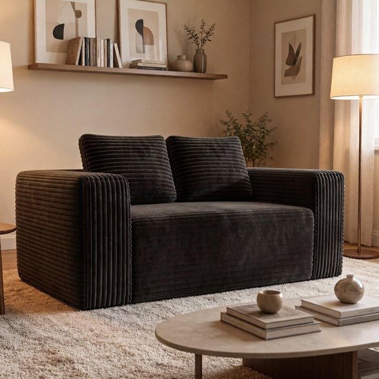 BLACKCOLORS Canapé 2 places sans cadre, sans montage, avec assise profonde, tissu velours côtelé doux, canapé moderne pour petits appartements, chambres à coucher, bureaux (noir)