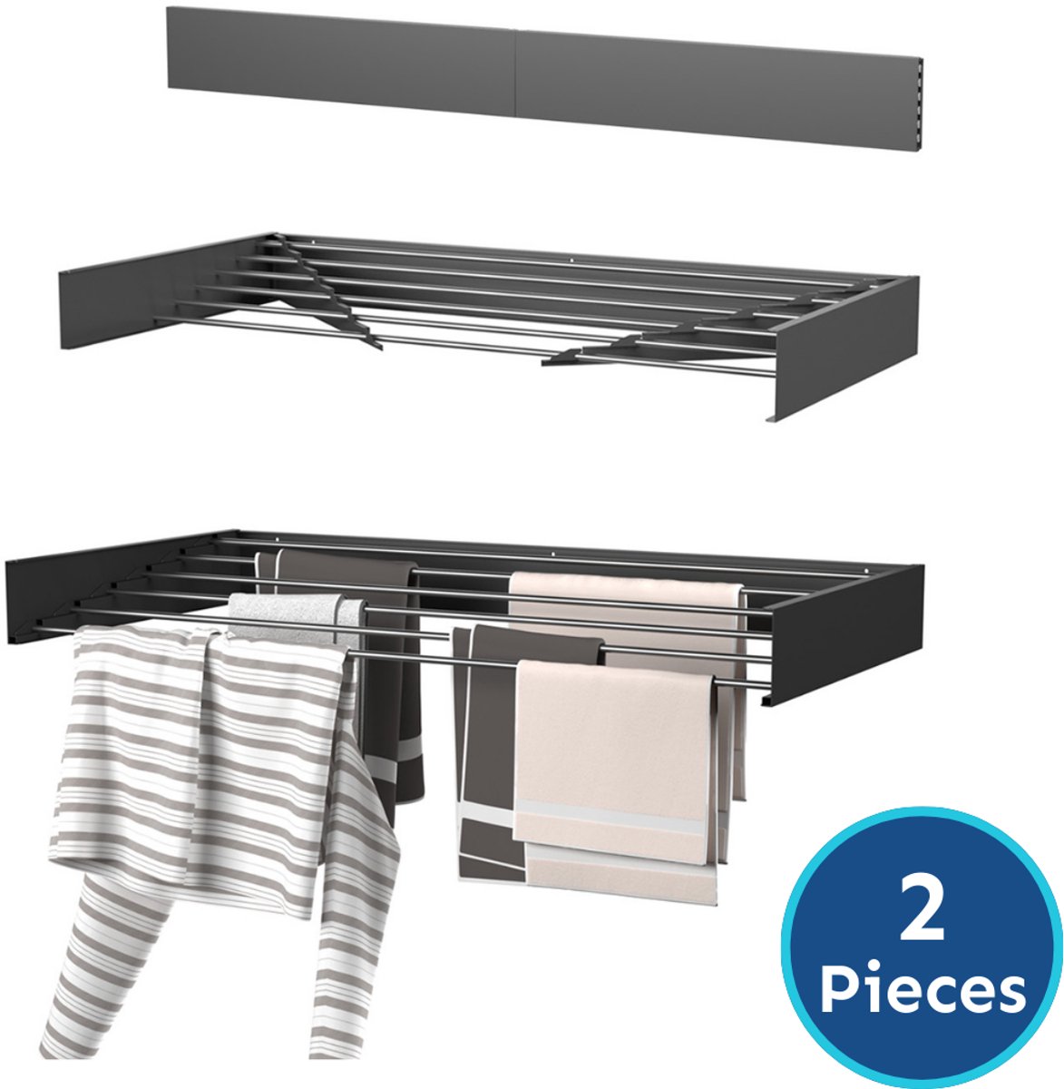 Wasophoogte® Wanddroogrek - Wandmontage Droogrek - Inklapbaar Droogrek - Muurdroogrek - Wasrek hangend - 100cm - 6m Drooglengte - Zwart - 2 STUKS