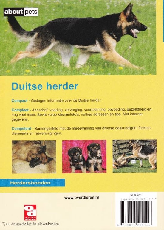 Groot boek over de Duitse herder met kleurenfoto's en informatie over aanschaf, verzorging en opvoeding. Diverse afbeeldingen van volwassen honden en puppy's.