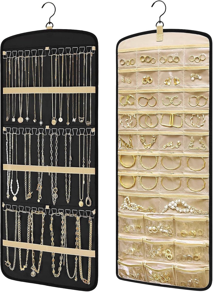 longziming - Sieradenhouder Hangend - Sieraden Organizer Hangend - Dubbelzijdige Sieraden Opberger Met Metalen Haken - Voor Oorbellen Kettingen Ringen - Kast Muur Deur - Zwart