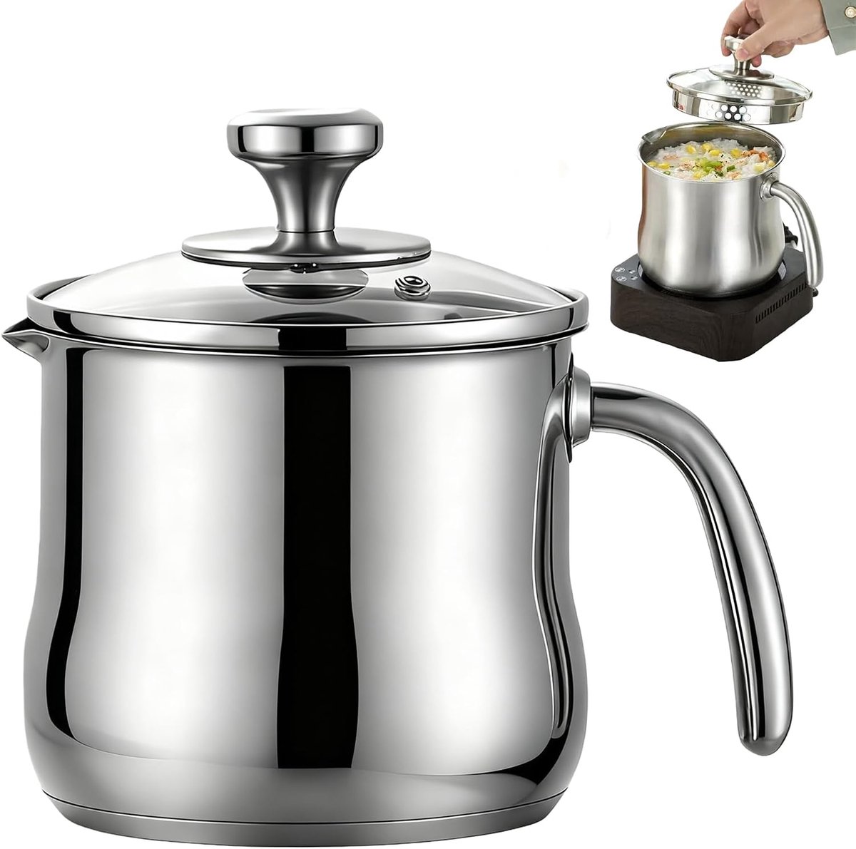 longziming - Roestvrijstalen Pan Met Glazen Deksel - 2 Liter Inductie Kookpan - Met Handvat Stoomventiel - Melkpan Vaatwasserbestendig Gesmeed Bodem Voor Alle Kookplaten