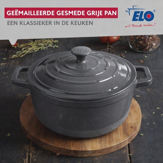 Elo 3362626 geëmailleerde gietijzeren braadpan met antiaanbaklaag en deksel, klassiek grijs, ovenbestendig, alle warmtebronnen, inductie braadpan 26 cm 4,5 L, 4 tot 6 personen
