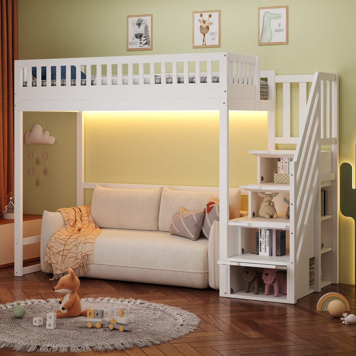PHOEBE CAT Hoogslaper - 90 x 200 cm - LED-verlichting - Opbergruimte - Kinderbed - Wit (zonder bank)