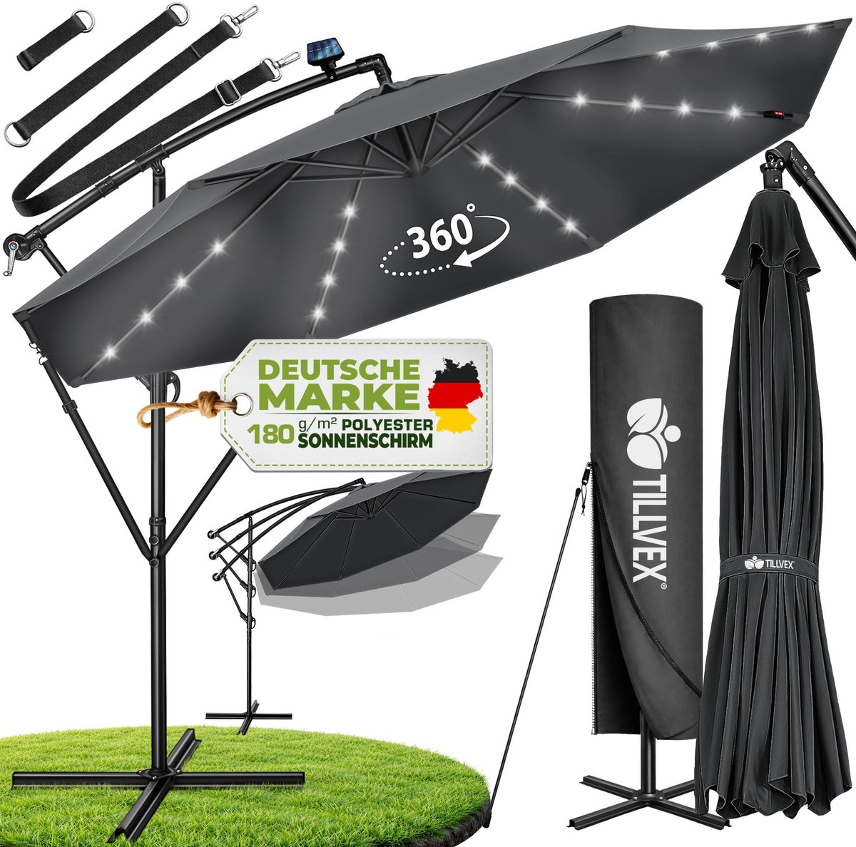 tillvex Parasol 300 cm met zwengel hoes windbescherming | Zweefparasol met standaard | Tuinscherm UV-bescherming | Aluminium Zonnescherm | Waterdicht Marktscherm