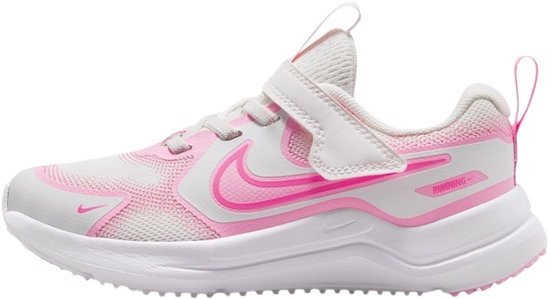 Wit met roze sneaker met roze Nike logo en klittenbandsluiting. De tekst 'RUNNING' is zichtbaar.