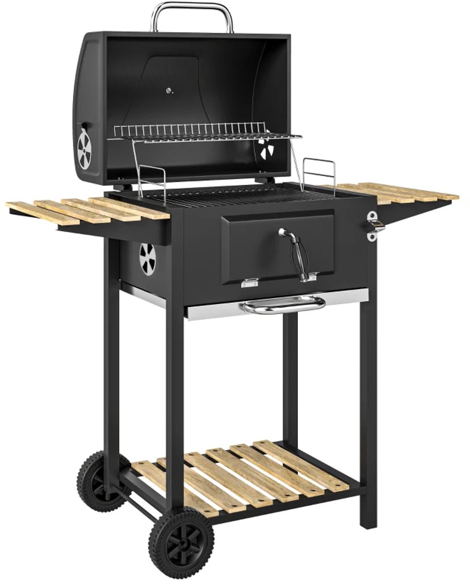 Premie Houtskool Barbecue - Smoker Barbecue - Barbecuegrill - Grillwagen - in Hoogte Verstelbare Houtskoolbak - Houtskoolgrill met Deksel, Flesopener, Thermometer, Planken - Verplaatsbaar - BBQ voor buiten, tuin - Zwart