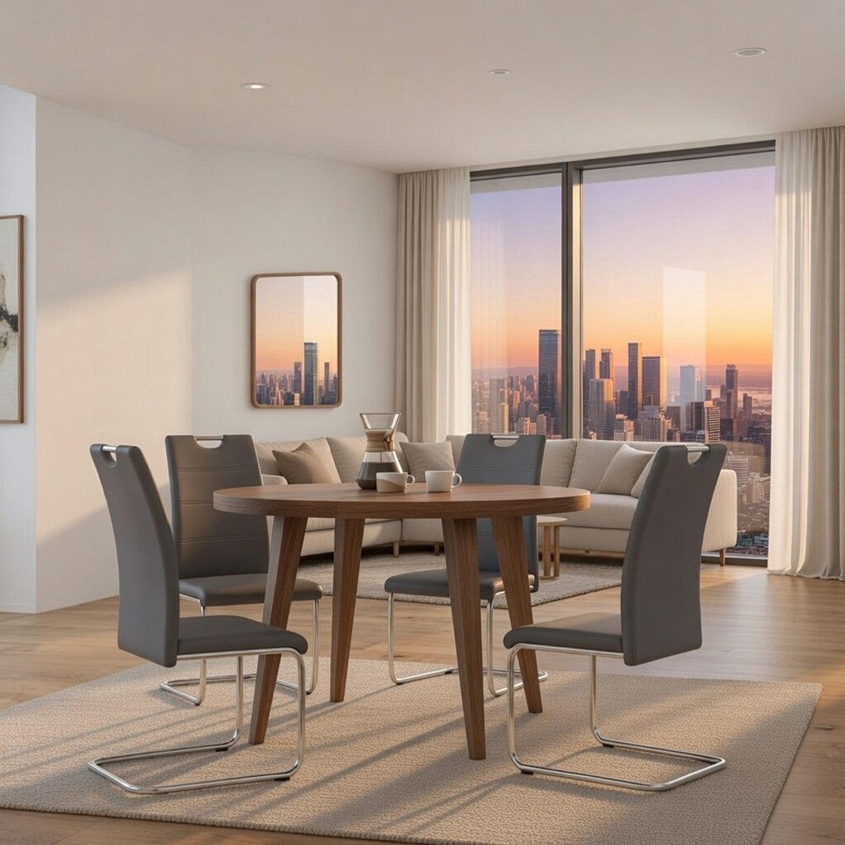 Flora Luxe Schommelstoelen Set - 4-delig - Grijs Kunstleer - Moderne Keuken- en Eetkamerstoelen met Verchroomd Metalen Frame, Comfortabele Zitting, Handgrepen – Max. 120 kg Novihome