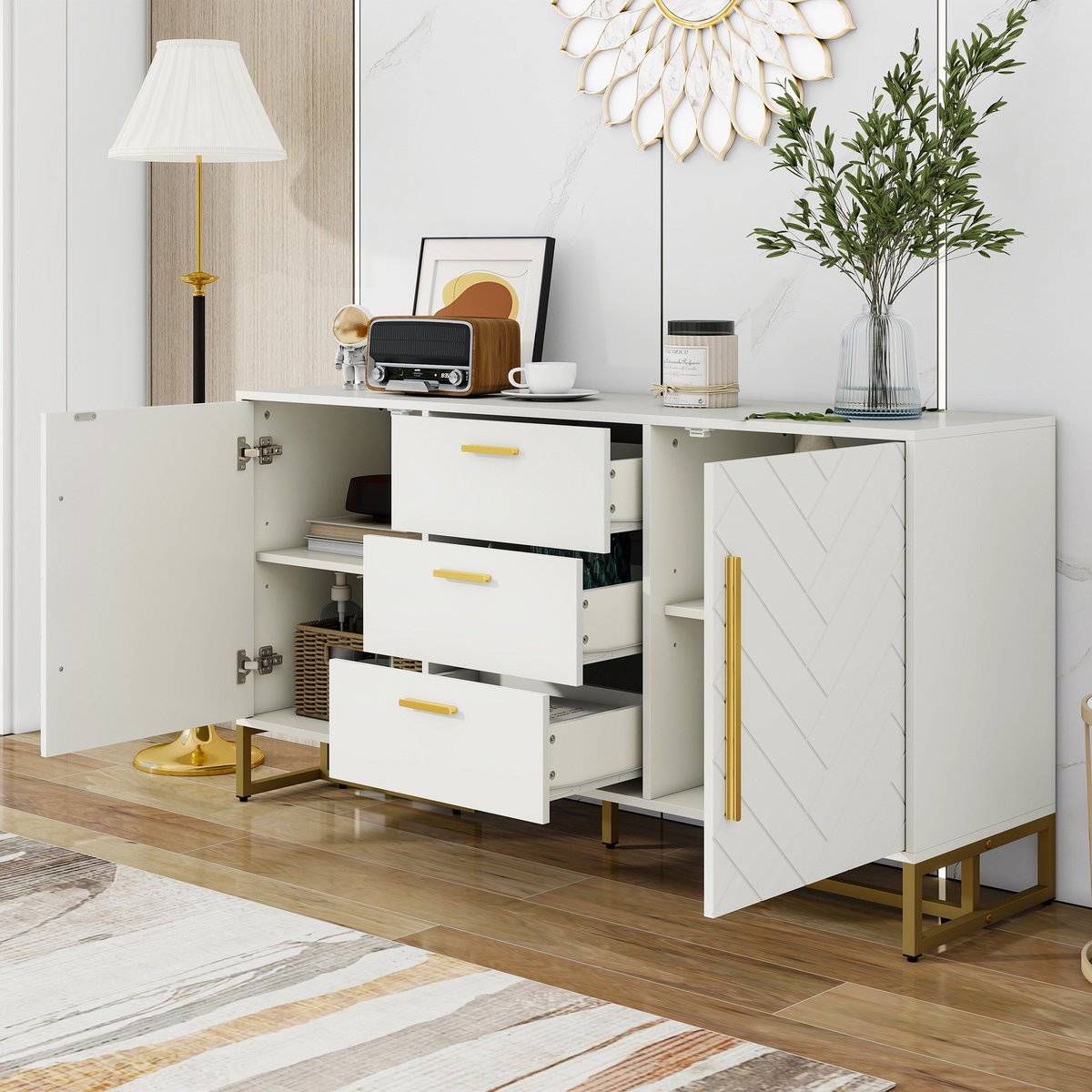 Wishdor Dressoir - Visgraatpatroon - 2 Deuren En 3 Lades - Voor Woonkamer Eetkamer Of Keuken - MDF - Wit