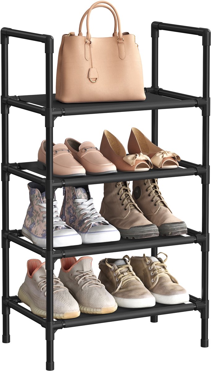 Songmics Schoenenrek - Schoenenrek met 4 Lagen - Smal Ontwerp - Metalen Frame - Voor Hal en Slaapkamer Zwart