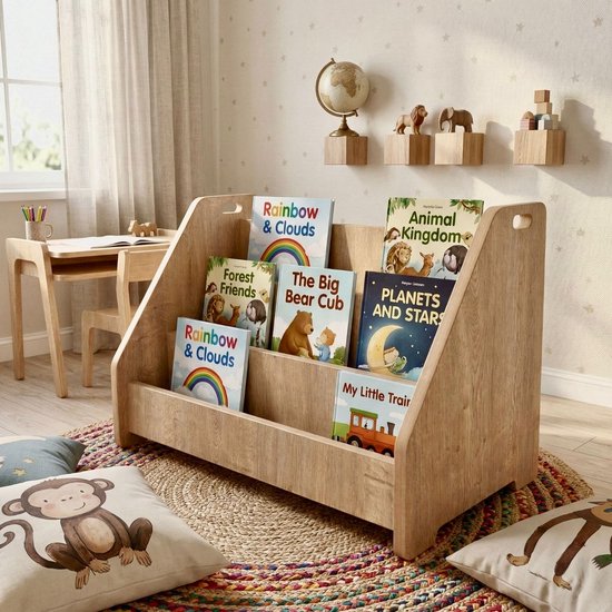 Zeo Wood® - Kinderboekenkast - Boekenrek Kind - Boekenrek Kinderkamer - Kinderboekenkast - Montessori Boekenkast - Couleur bois - Bibliothèque Debout