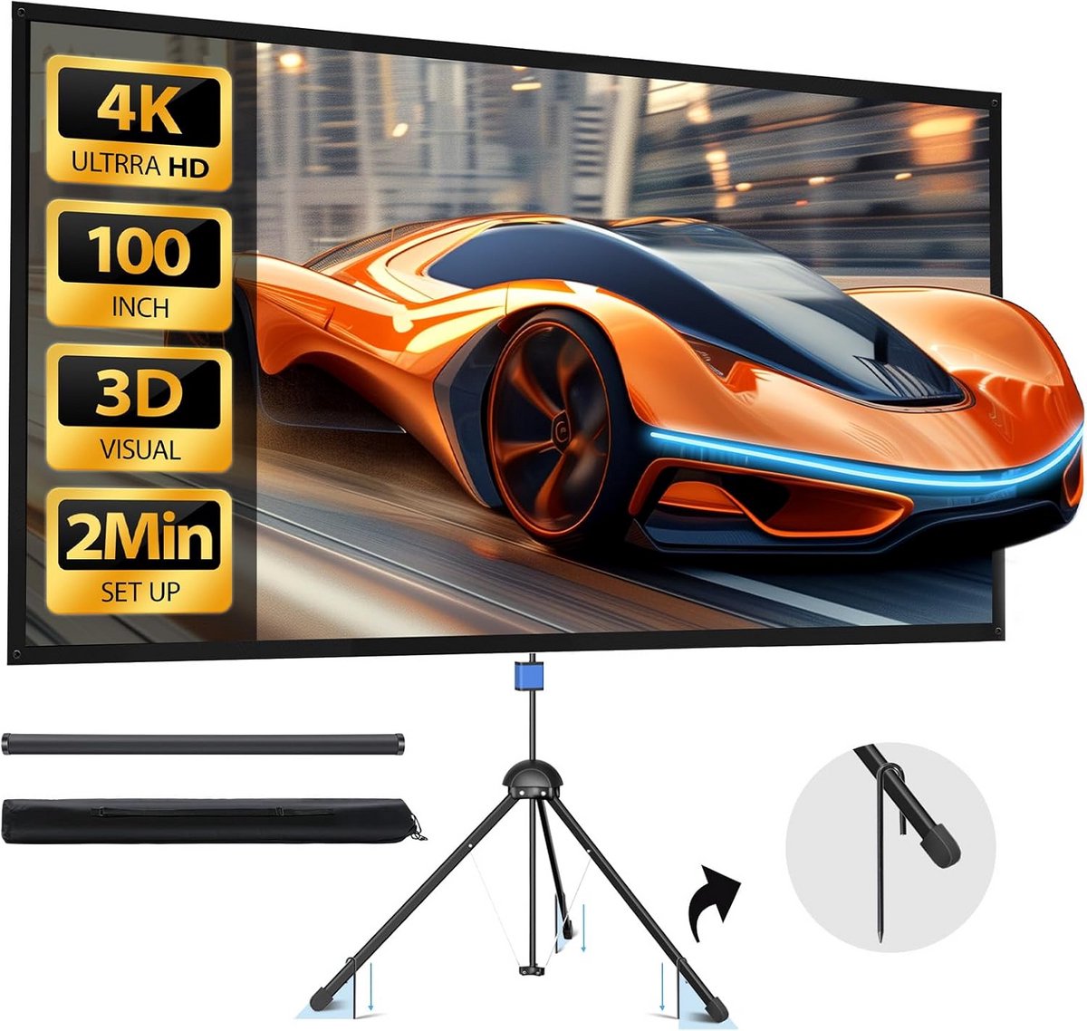 100 inch projectorscherm voor binnen en buiten - 16:9, 4K HD met 1,5 versterking