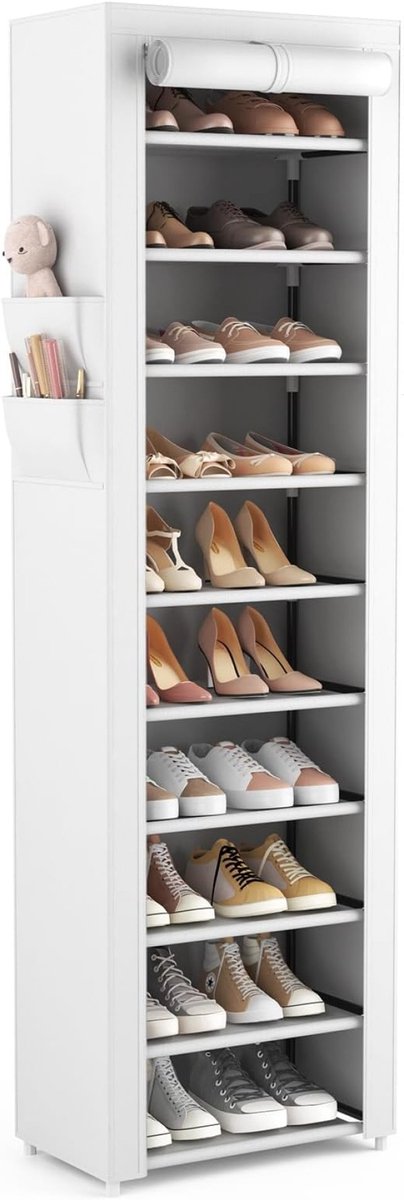Smal hoog schoenenrek met 11 lagen voor 22 paar schoenen, stofdichte hoes met rits