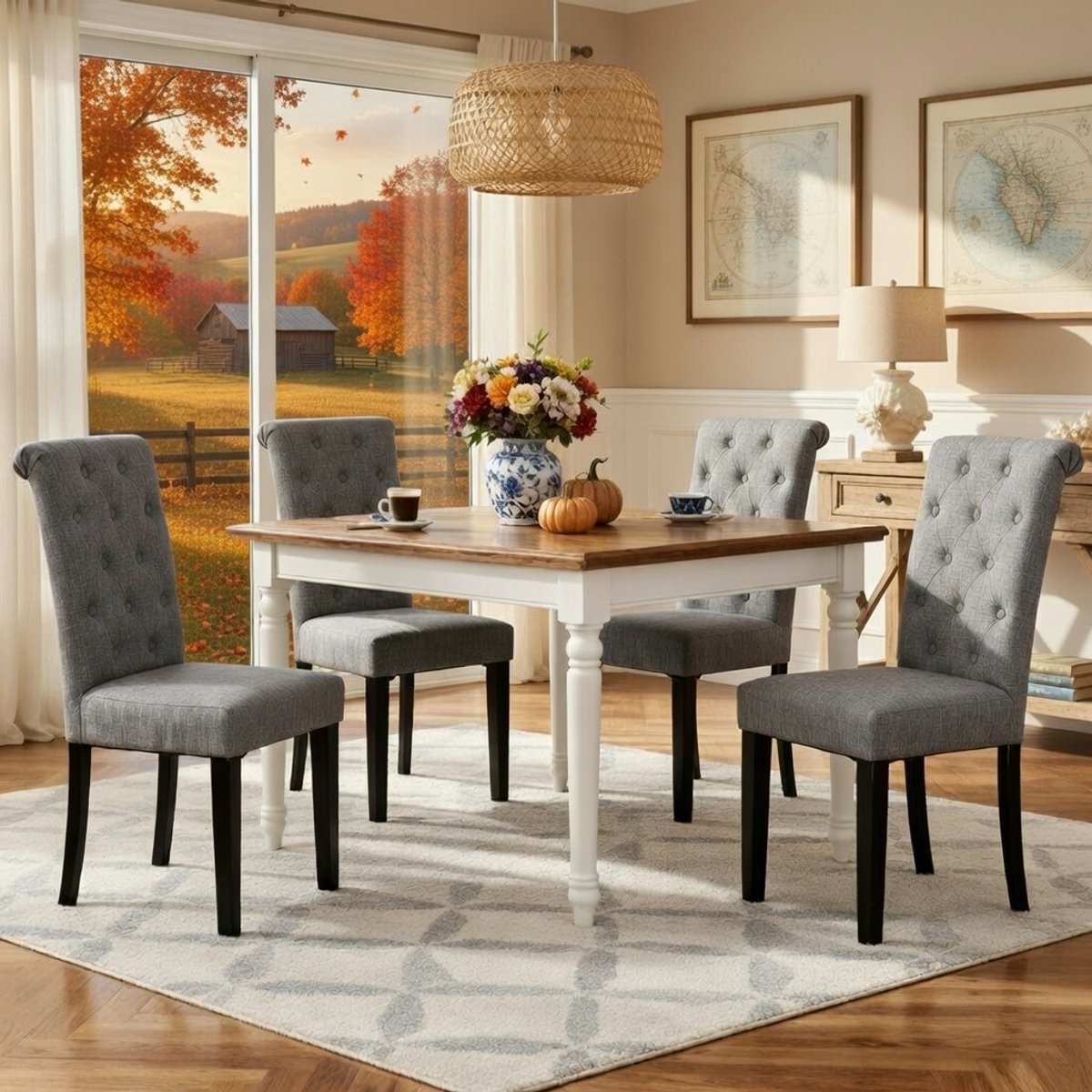 Gestoffeerde Eetkamerstoelen Set van 4 met Hoge Rugleuning en Massief Houten Poten – Comfortabele Keukenstoelen met Linnenlook Bekleding – Moderne & Retro Stoelen voor Eetkamer, Woonkamer en Werkkamer – Donkergrijs | Novihome